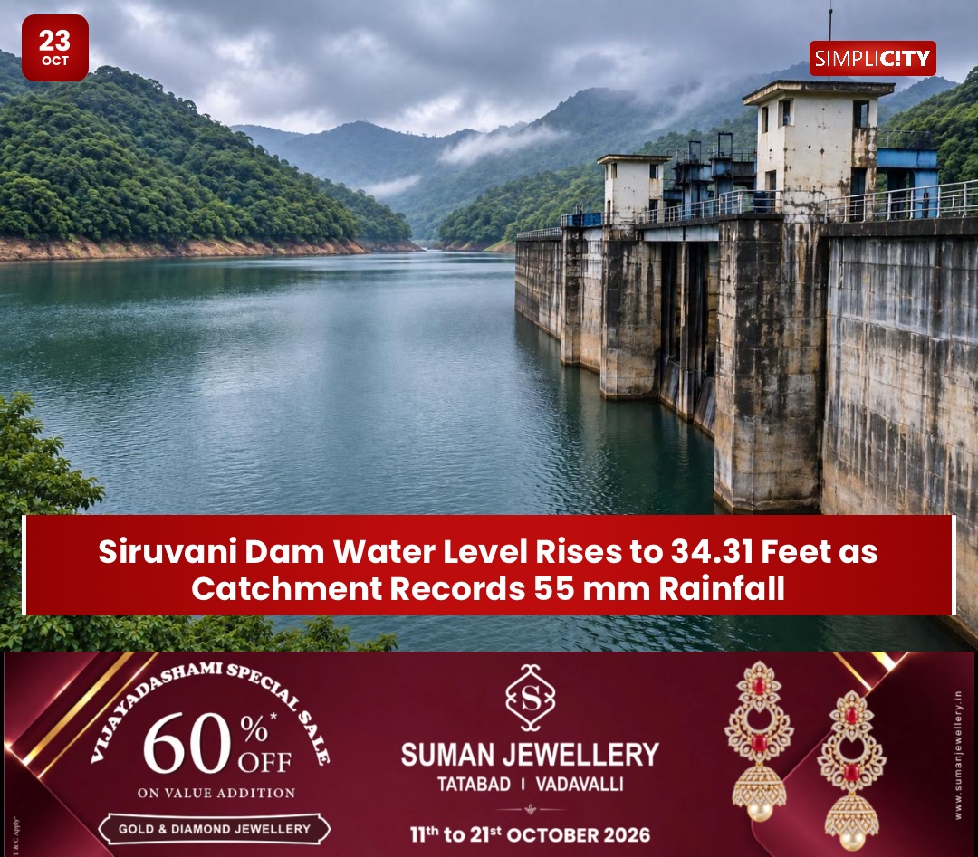 Siruvani Dam Water Level Rises to 34.31 Feet as Catchment Records 55 mm Rainfall — image 1