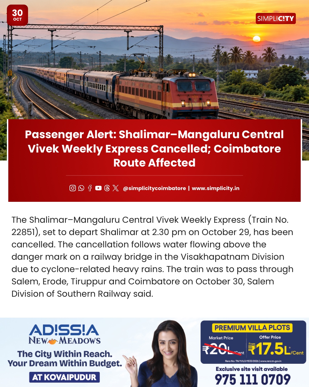Passenger Alert: Shalimar–Mangaluru Central Vivek Weekly Express Cancelled; Coimbatore Route Affected — image 1
