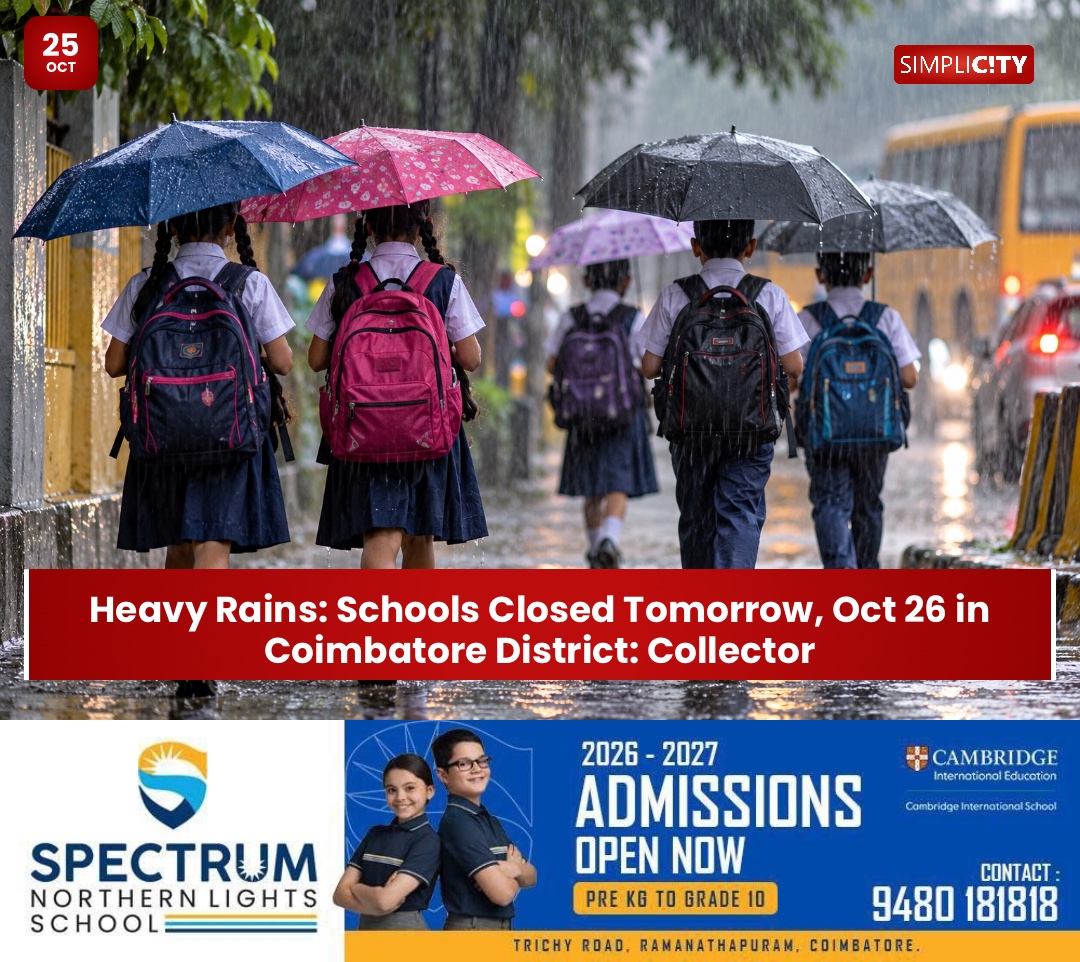 Heavy Rains: Schools Closed Tomorrow, Oct 26 in Coimbatore District: Collector — image 1